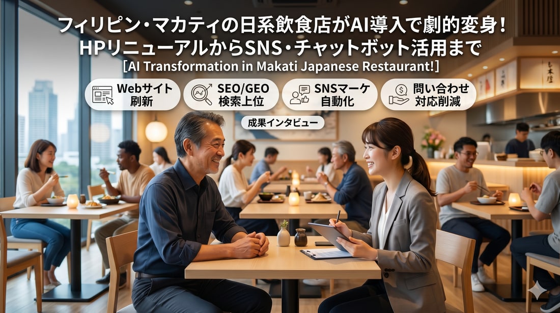 Banner: a Makati Japanese restaurant transformed by AI — website rebuild, SEO/GEO ranking, automated social marketing and fewer inquiry calls — with staff and the owner talking over a tablet in a bright restaurant