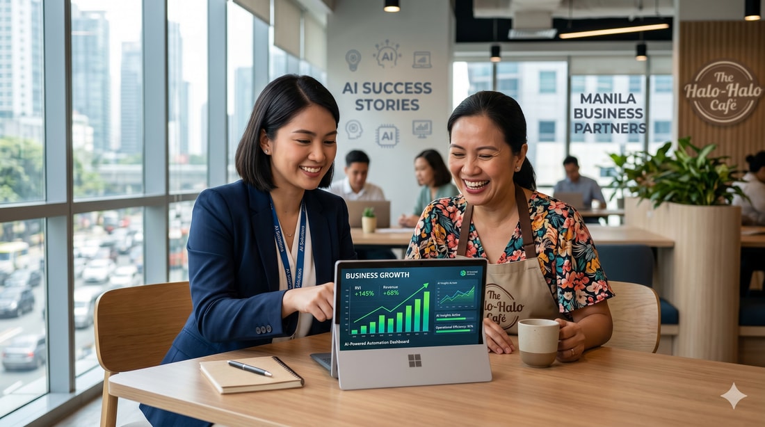 Banner 'AI Success Stories — Manila Business Partners'. In a bright Manila cafe, a consultant shows a cafe owner a laptop with a rising 'Business Growth' chart (+142%) from an AI automation dashboard, both smiling